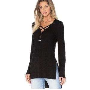 Free People Criss Cross Front Tunic Sweater Women M Boho Hi Low Side Split Black